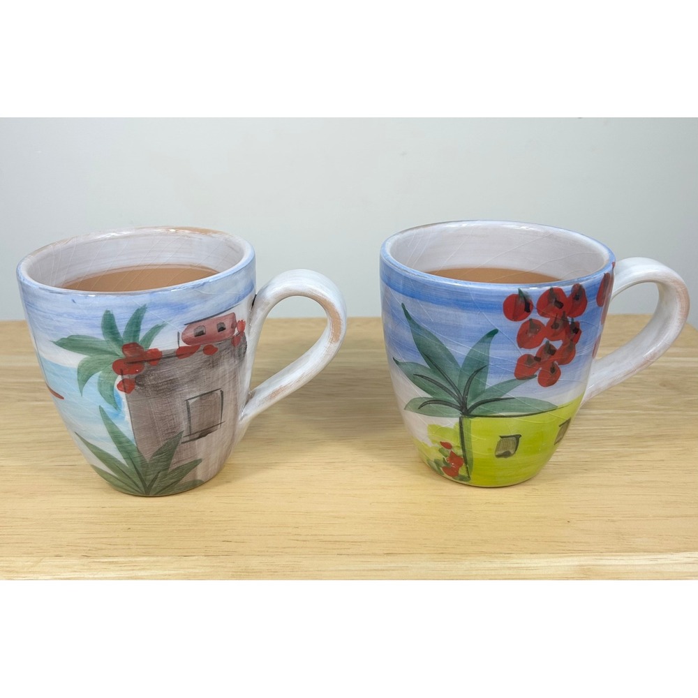 VIETRI Coffee Mugs SET/2 Tuscany Seacoast RARE HTF Hand Painted Italian Pottery